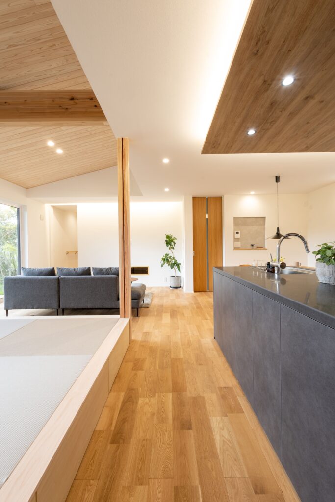 平屋の贅沢さと、2階建ての利便性を叶えた大屋根の家